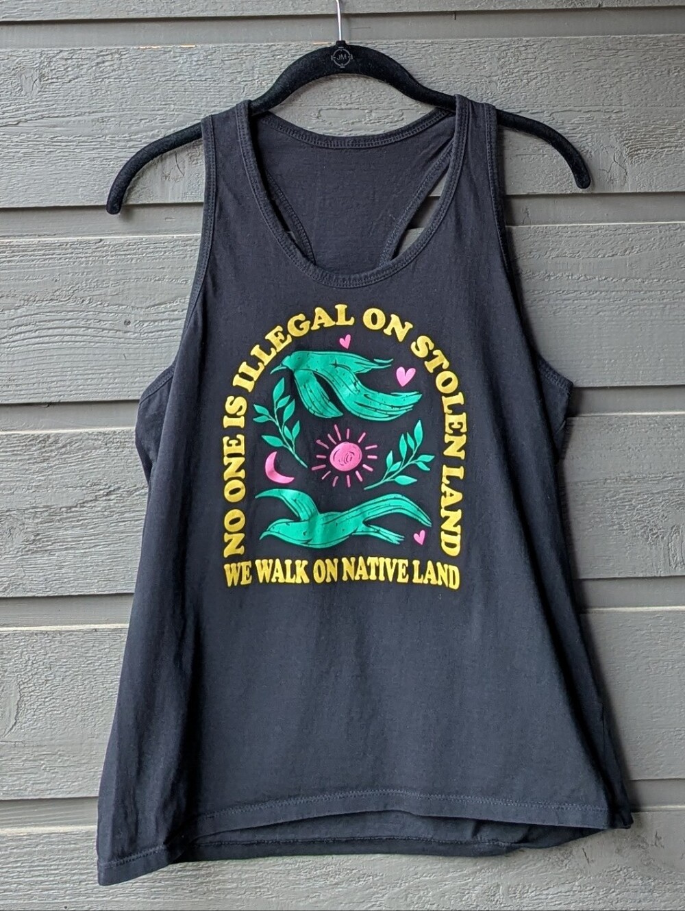 No One is Illegal on Stolen Land Racerback Tank Top Black Colorful Medium